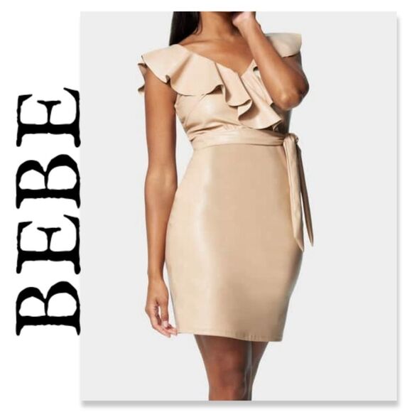 NWT BEBE Vegan Leather Ruffle Wrap Dress - Picture 1 of 9